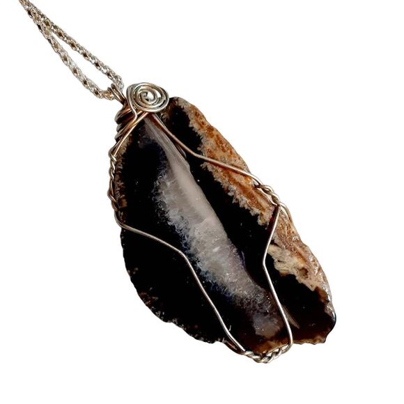 Wire Wrap Black/Grey Agate Slice Pendant Necklace - Picture 1 of 5